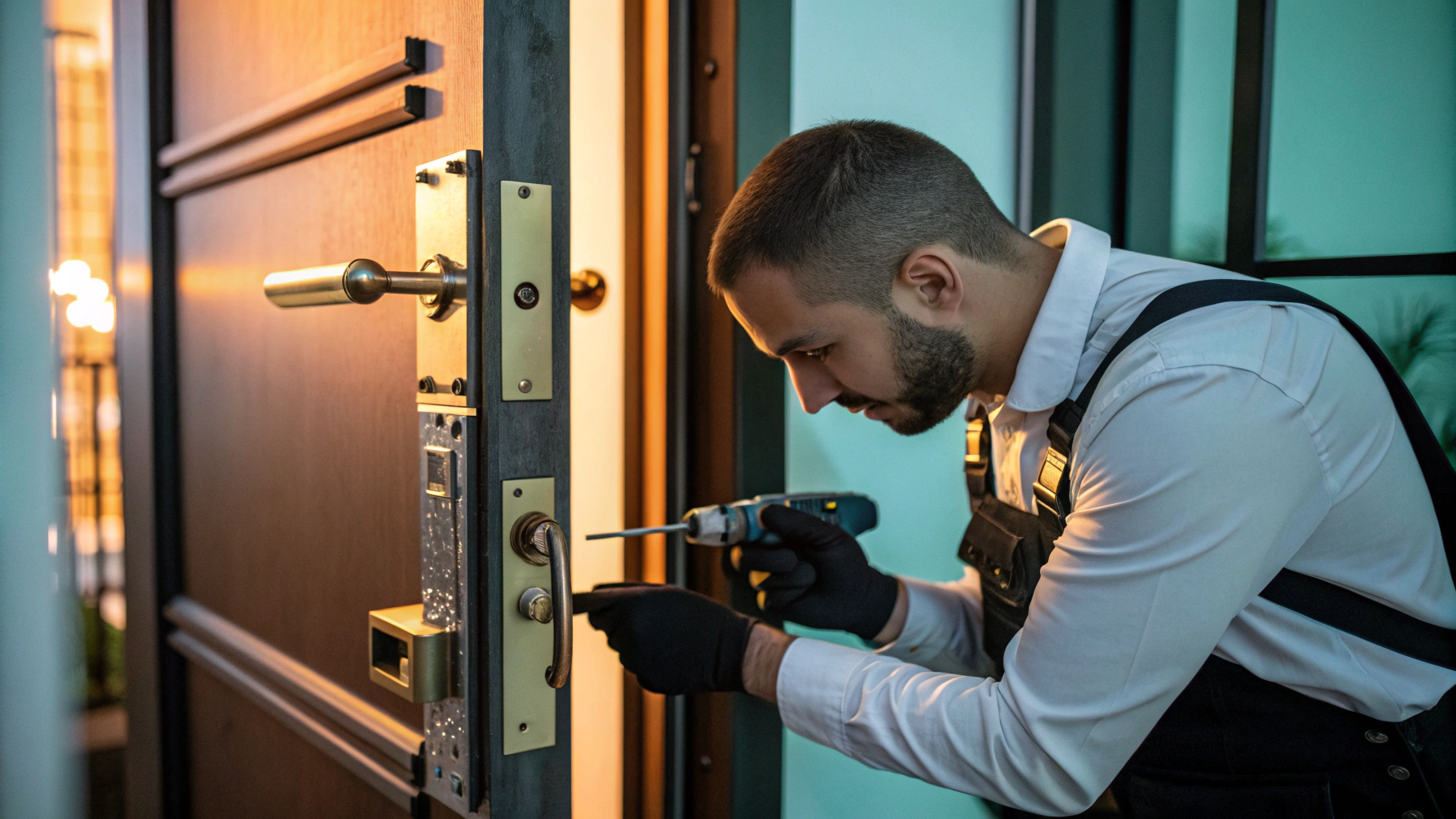 Professional locksmith technician servicing a residential deadbolt door lock
